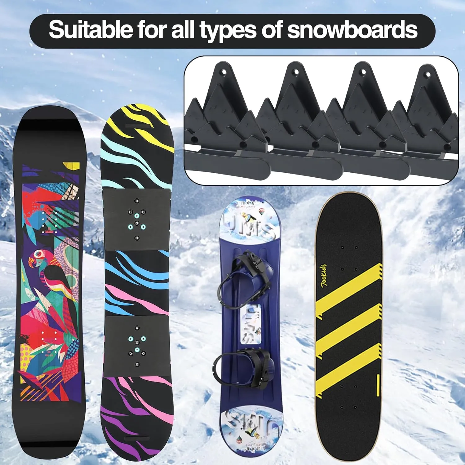 2pcs Snowboard Wall Mount with Hooks, Snowboard Skateboard Hanging Wall Rack, Garage Storage Brackets, Snowboard Display Stand, Wall Art (BlackWhite)