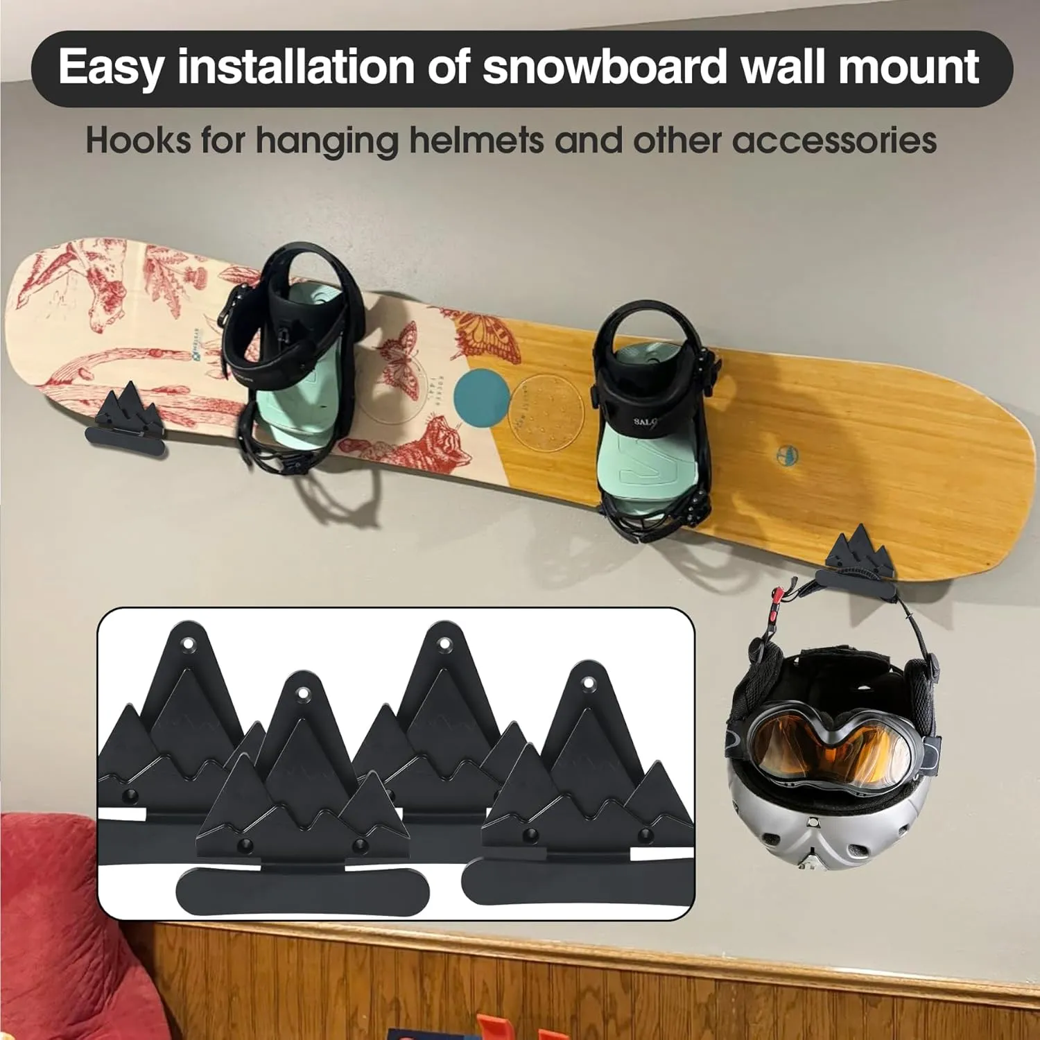 2pcs Snowboard Wall Mount with Hooks, Snowboard Skateboard Hanging Wall Rack, Garage Storage Brackets, Snowboard Display Stand, Wall Art (BlackWhite)
