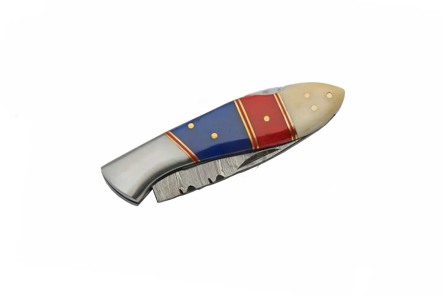 7.25" Damascus Steel USA Flag Folding Pocket Knife for Sale