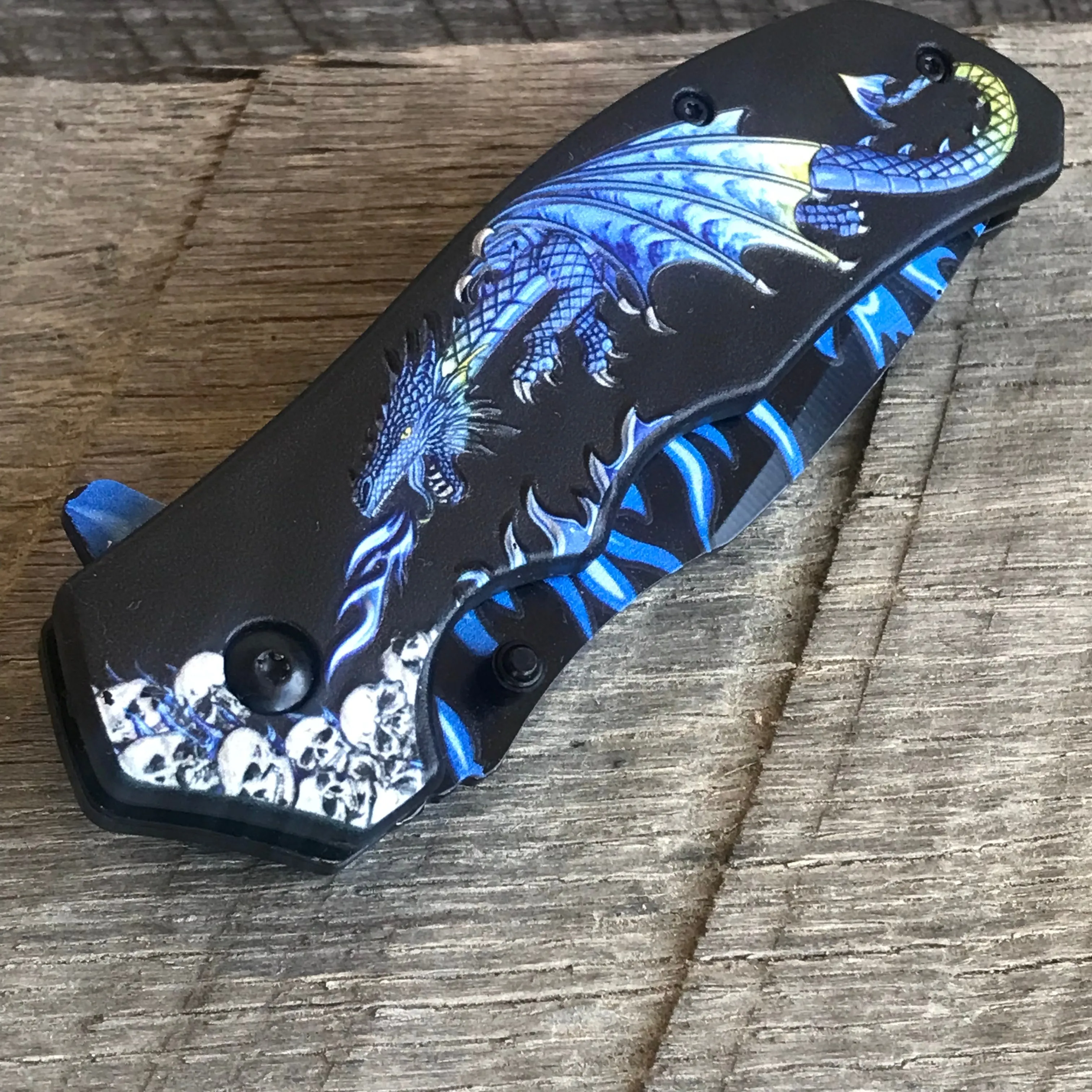 8” Breathing Fire Blue Dragon & Skulls Fantasy Folding EDC Pocket Knife