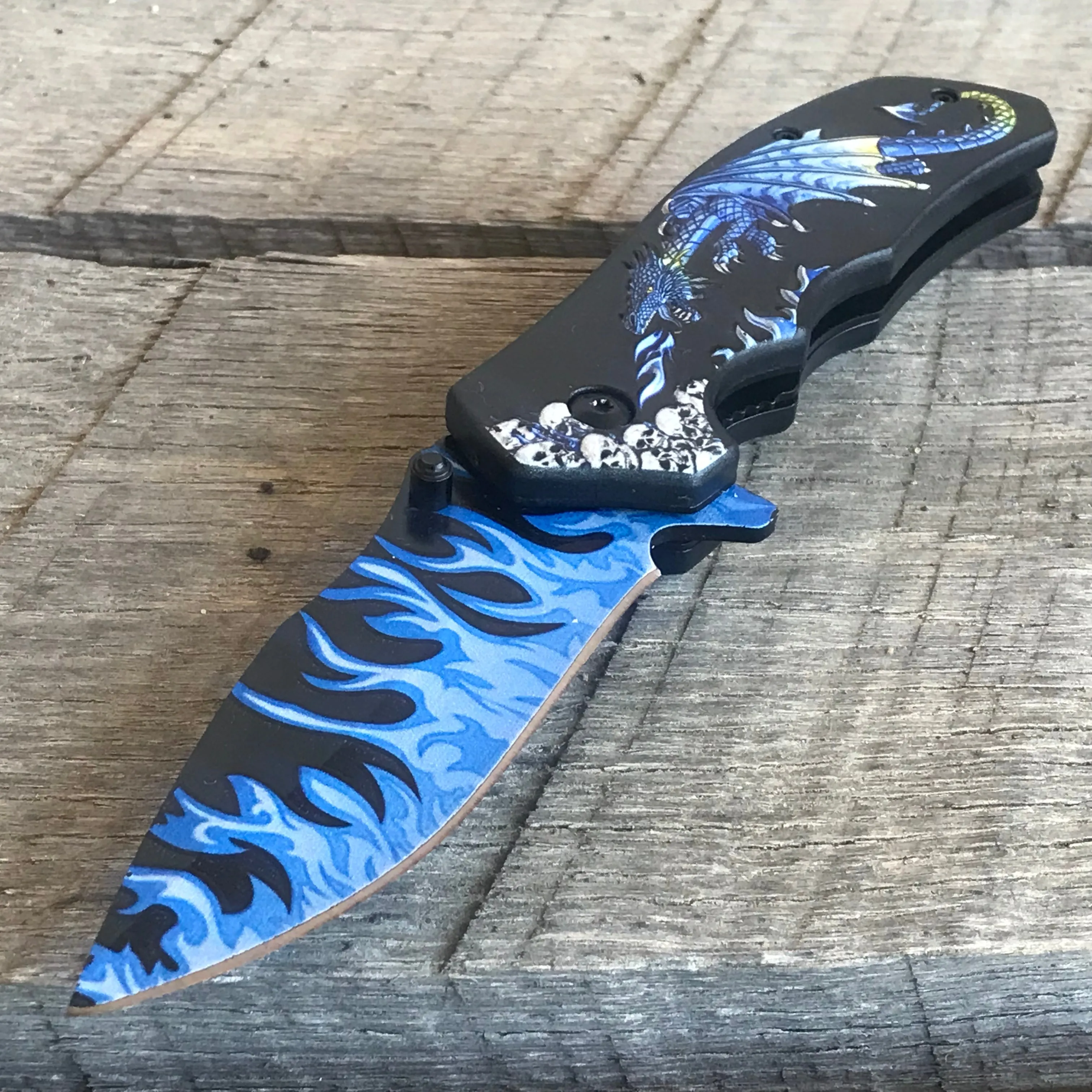 8” Breathing Fire Blue Dragon & Skulls Fantasy Folding EDC Pocket Knife