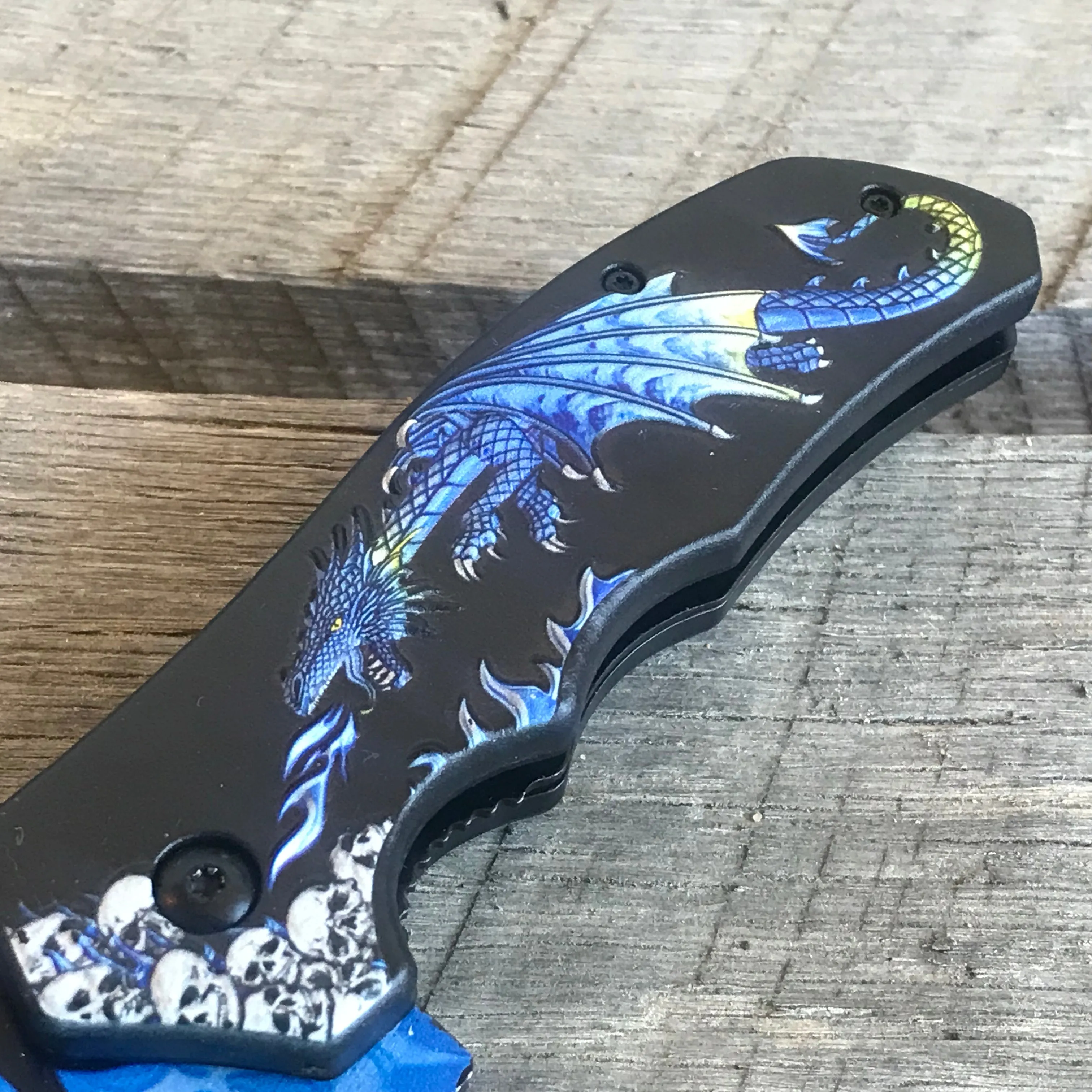 8” Breathing Fire Blue Dragon & Skulls Fantasy Folding EDC Pocket Knife