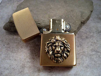 Handmade Brushed Gold Oxidized Brass Lion Head Cigarette Lighter