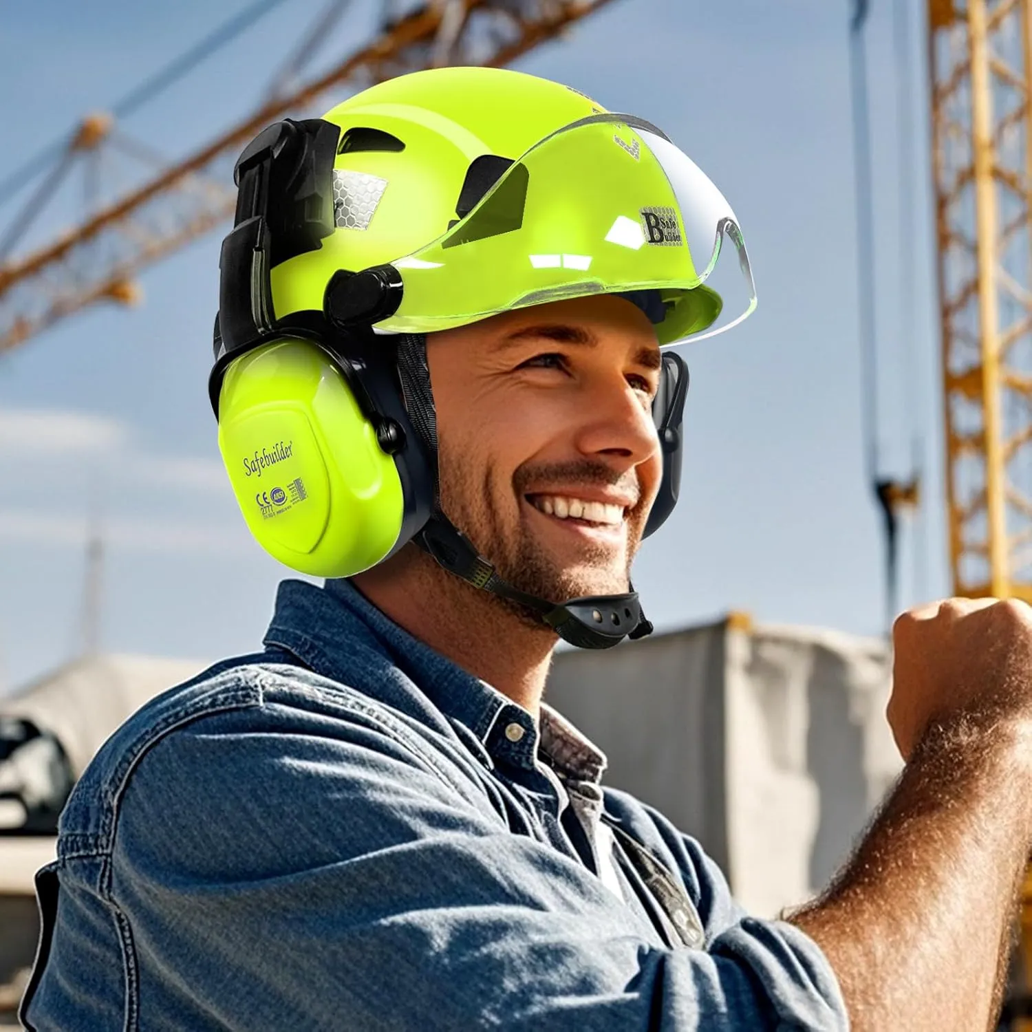 Industrial Safety Helmet with Visor Ear Muffs Hard Hat with Visor Vented Hardhats Construction Work Head Protection ANSI