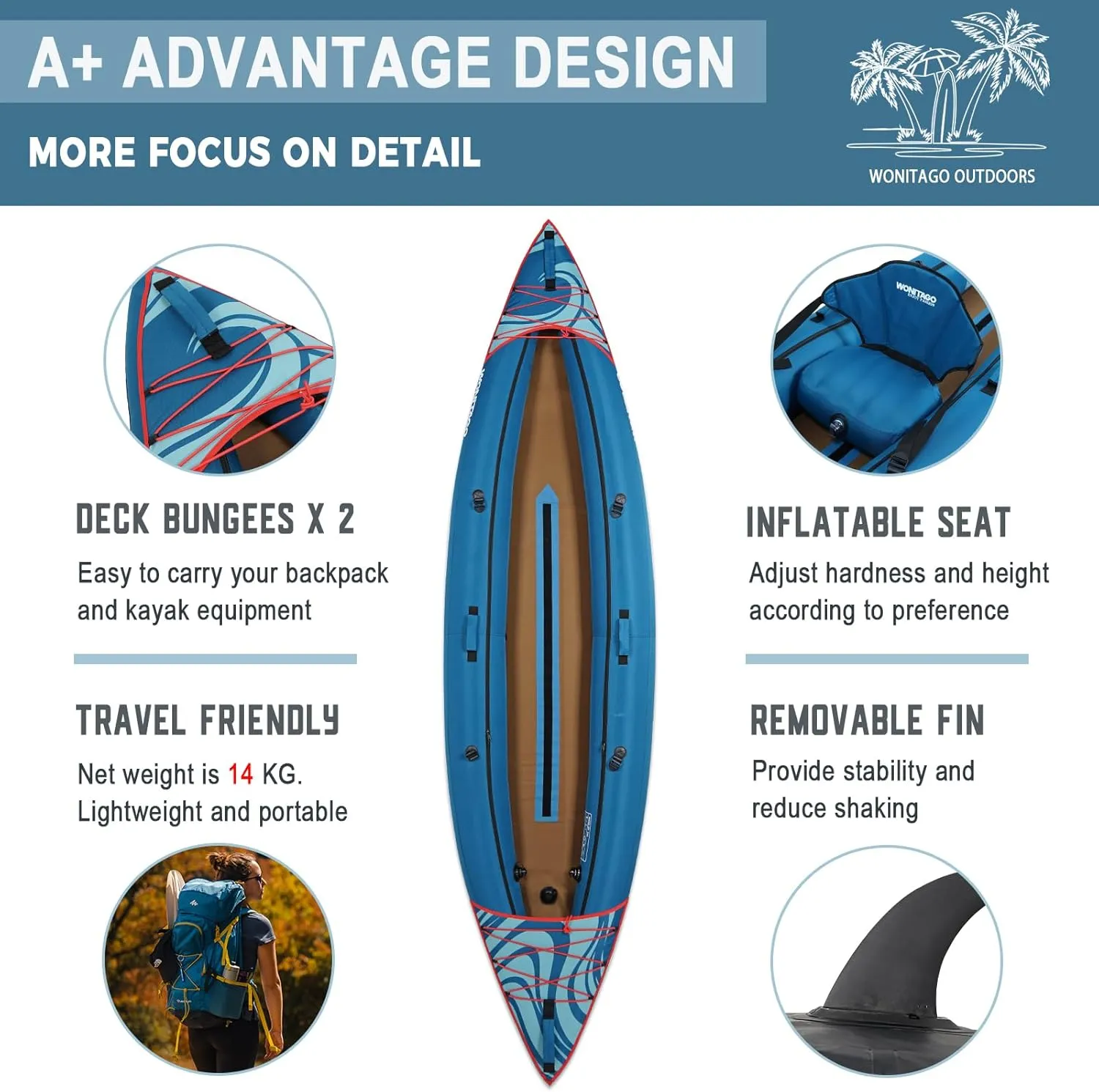 Inflatable Kayak, Recreational Touring Kayak with Adjustable Kayak Paddle, Hand Pump and Carrying Bag, 1/2 Person
