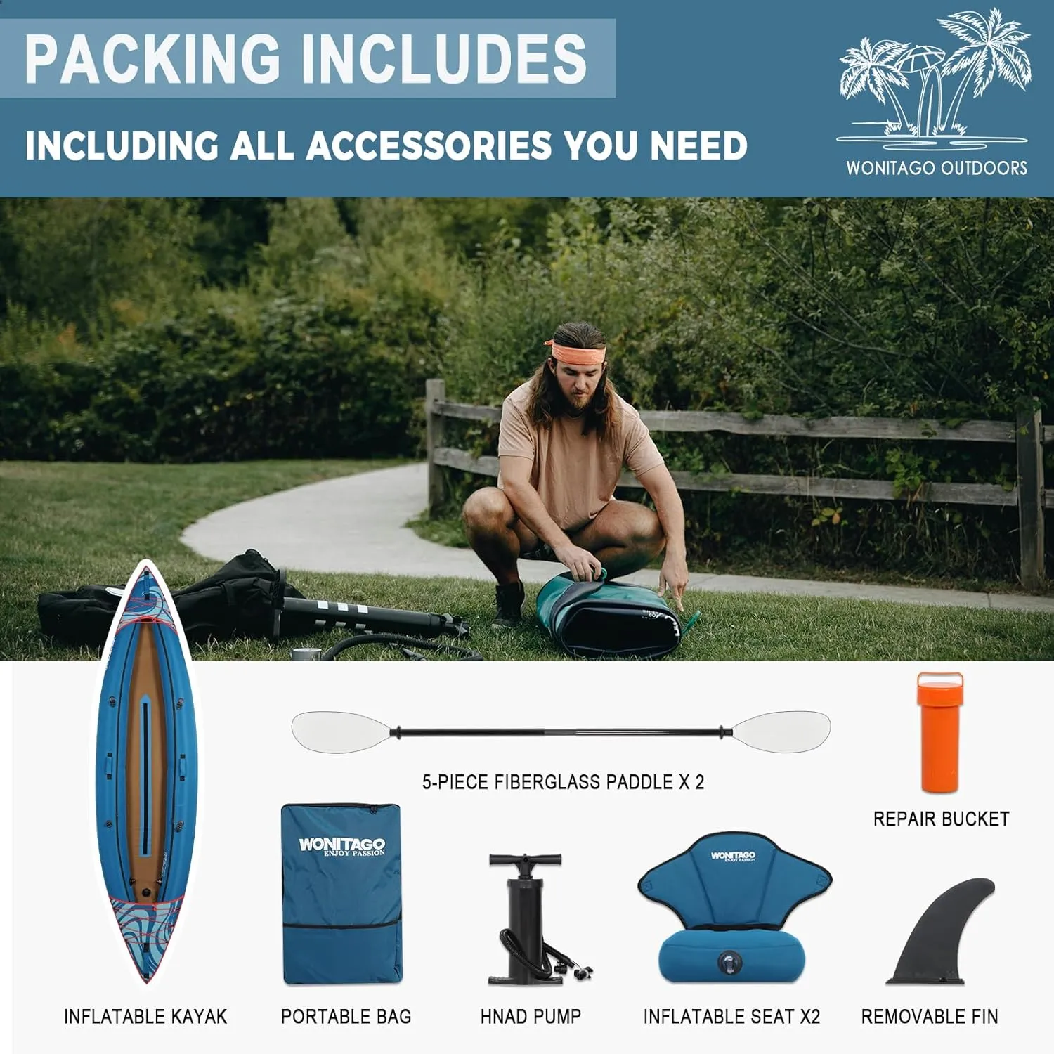 Inflatable Kayak, Recreational Touring Kayak with Adjustable Kayak Paddle, Hand Pump and Carrying Bag, 1/2 Person