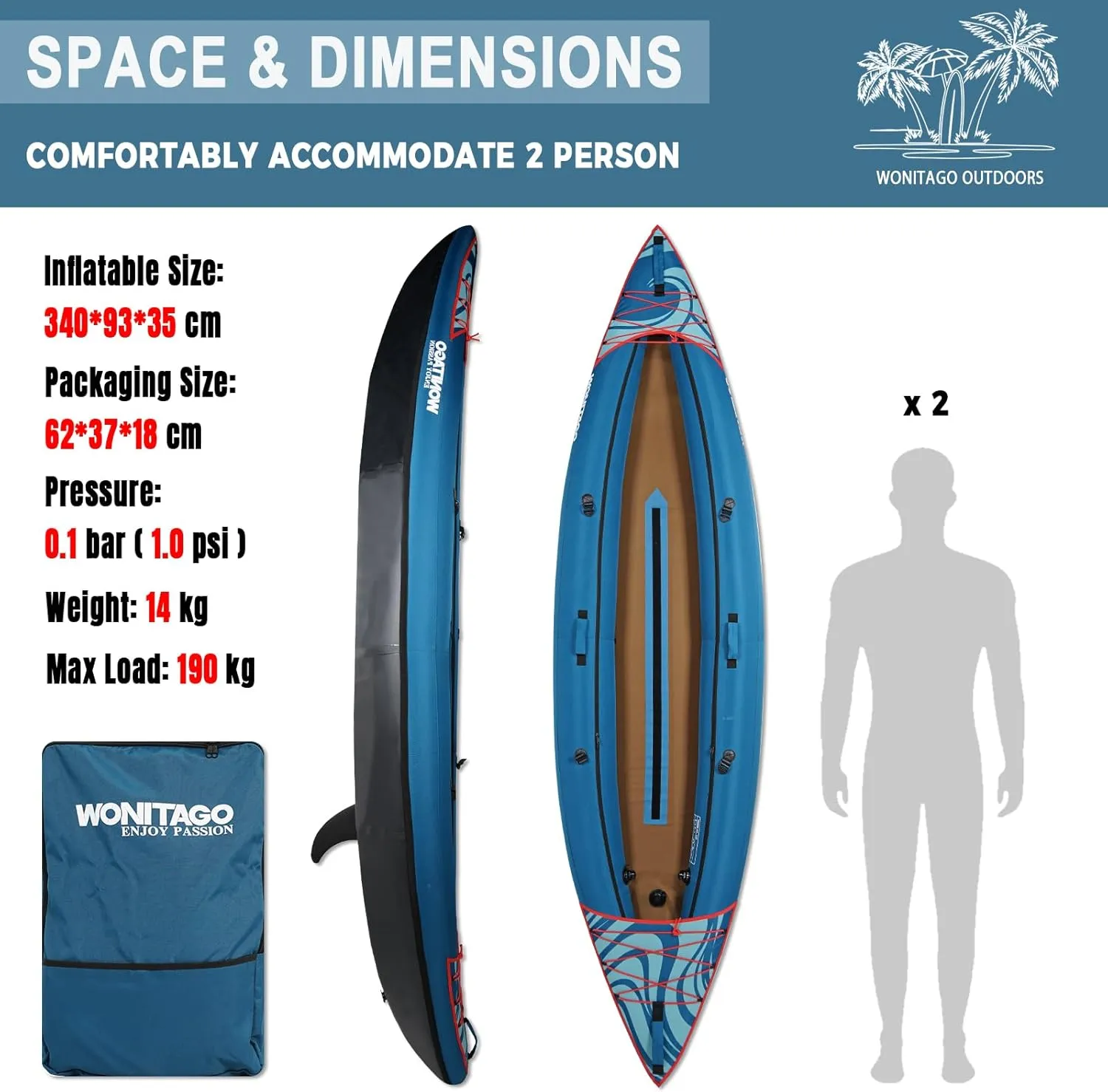 Inflatable Kayak, Recreational Touring Kayak with Adjustable Kayak Paddle, Hand Pump and Carrying Bag, 1/2 Person