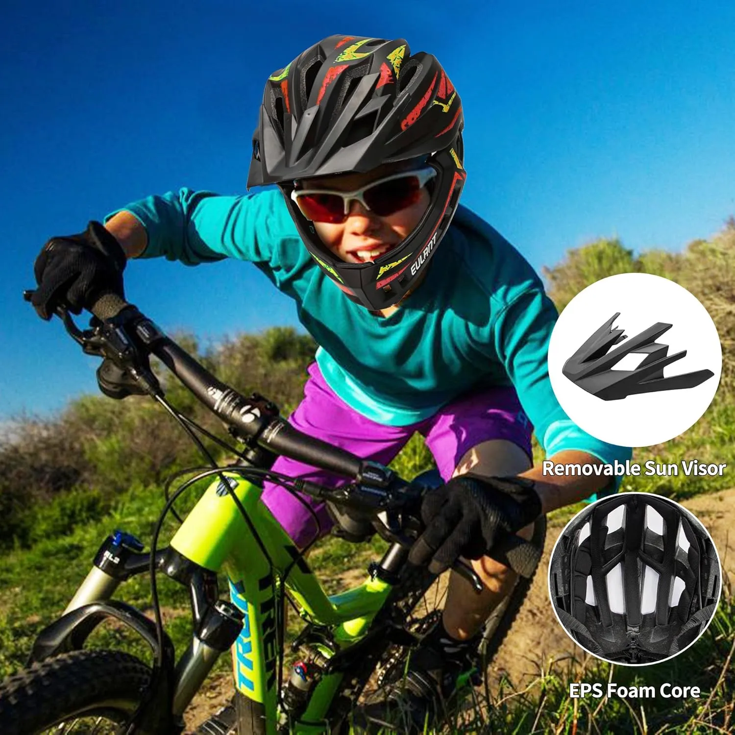 Kids Bike Helmet with Chin Guard, Adjustable Detachable Childrens Full Face Helmet for Girls and Boys, Cycling Helmet Skateboard, Scooter, Protective Gear Size 20.5-22 Inches