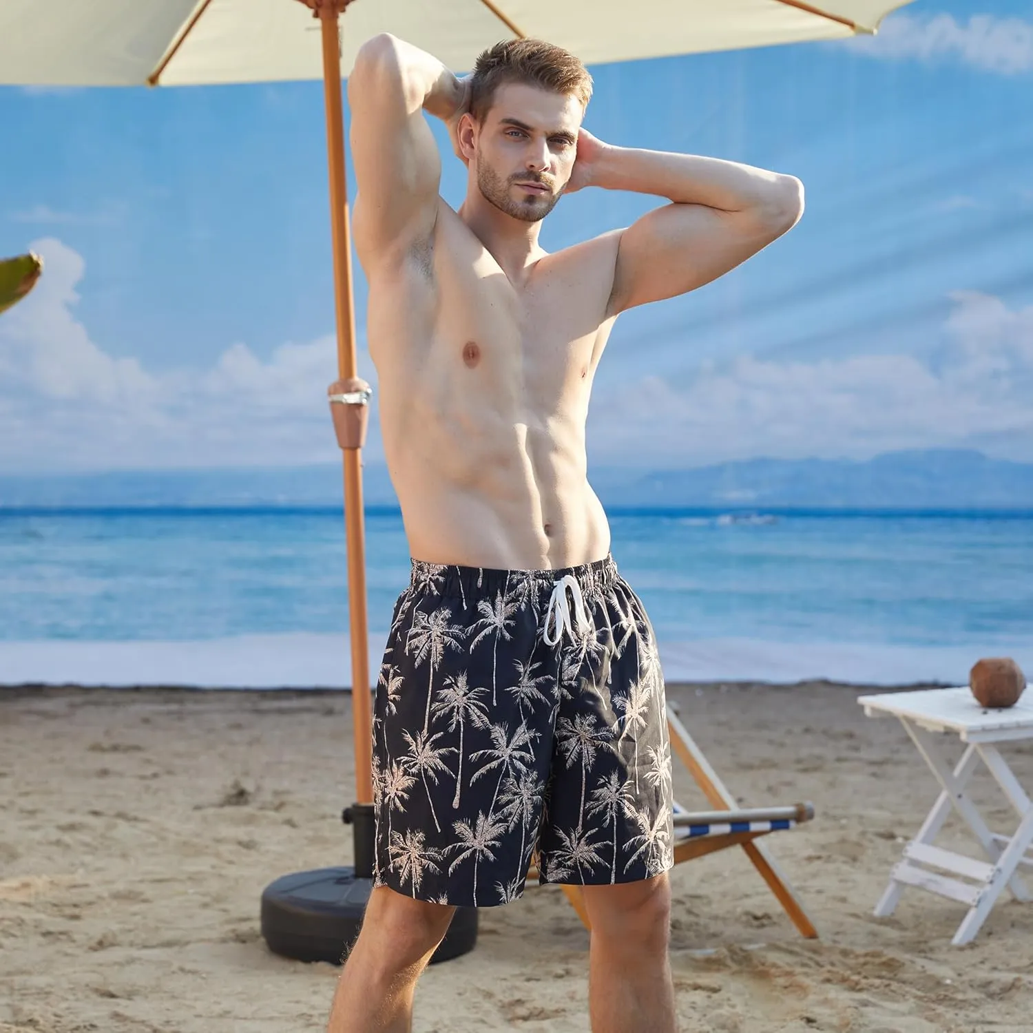 Men Swim Trunks with Compression Liner Men's 2 in 1 Bathing Suits 7 Inch Hawaiian Board Shorts