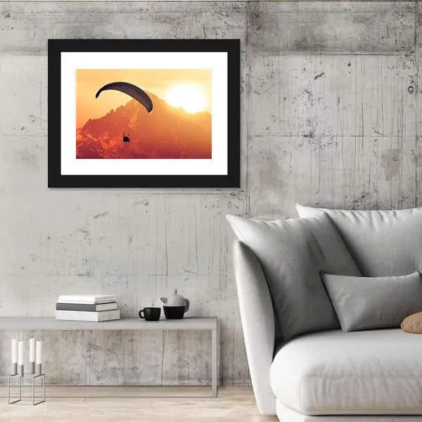 Sepia Paraglide Silhouette Over Alps Peaks Canvas Wall Art