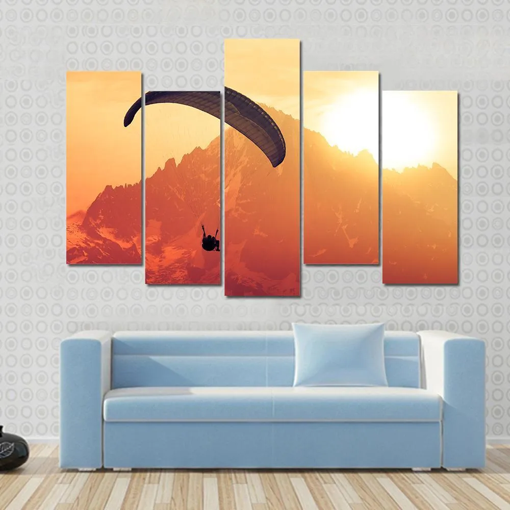 Sepia Paraglide Silhouette Over Alps Peaks Canvas Wall Art