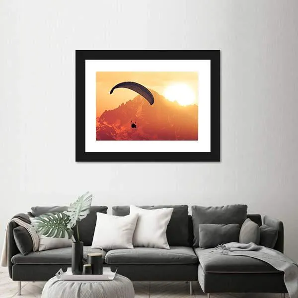 Sepia Paraglide Silhouette Over Alps Peaks Canvas Wall Art