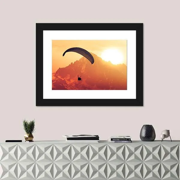 Sepia Paraglide Silhouette Over Alps Peaks Canvas Wall Art