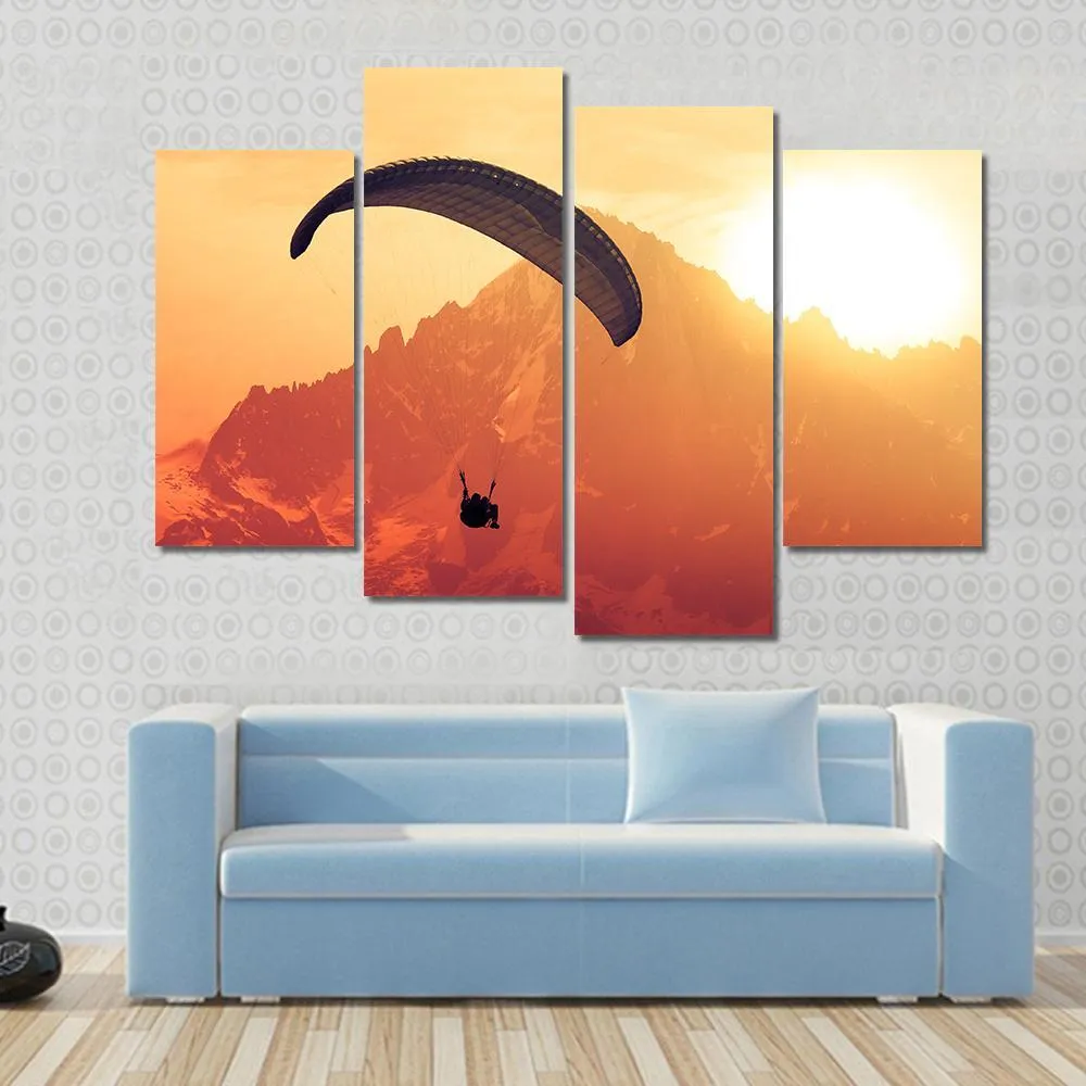 Sepia Paraglide Silhouette Over Alps Peaks Canvas Wall Art