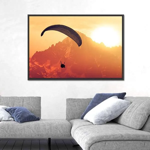 Sepia Paraglide Silhouette Over Alps Peaks Canvas Wall Art