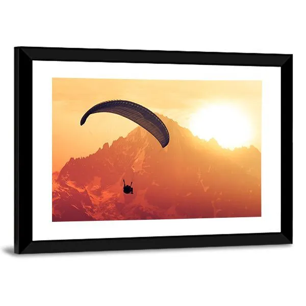 Sepia Paraglide Silhouette Over Alps Peaks Canvas Wall Art