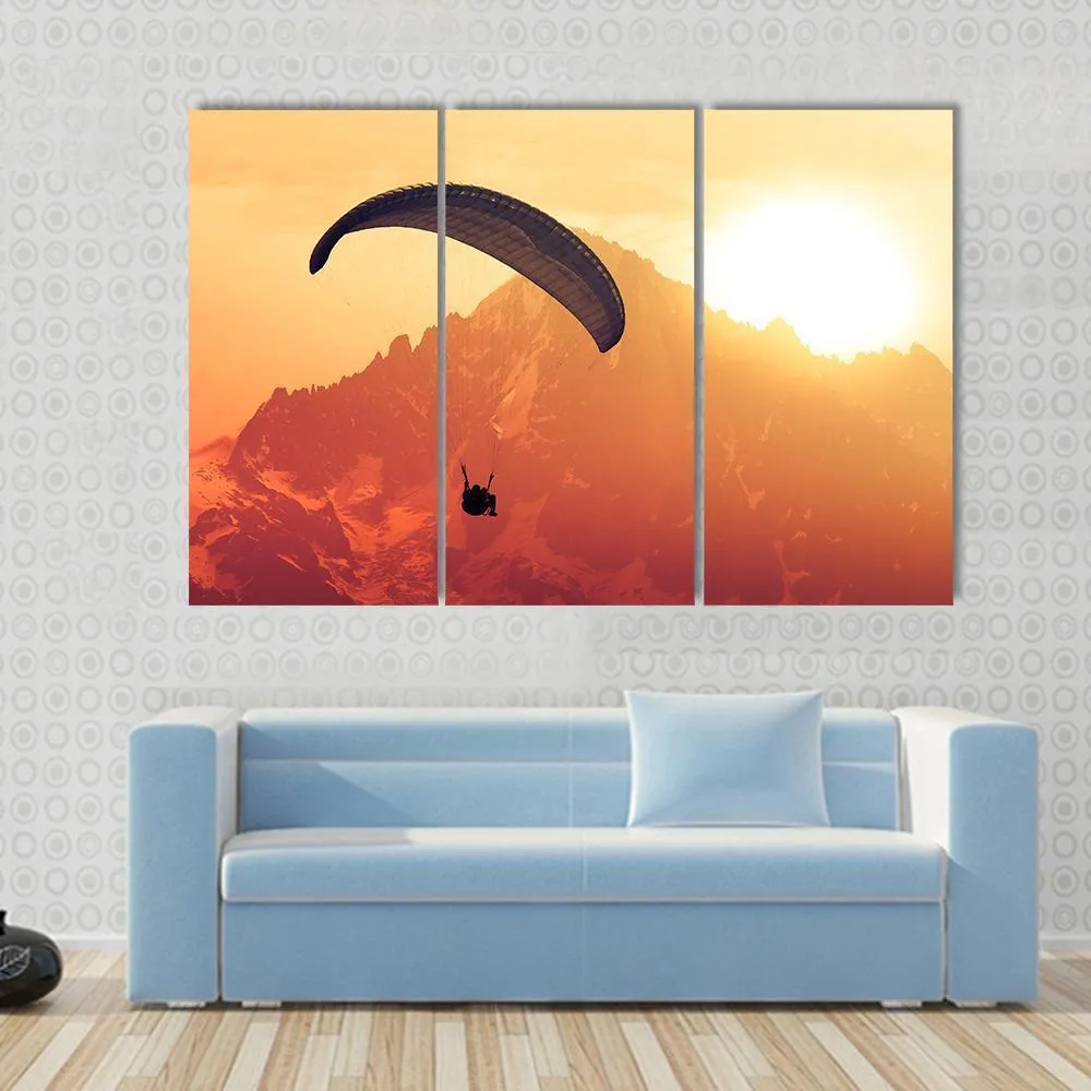 Sepia Paraglide Silhouette Over Alps Peaks Canvas Wall Art