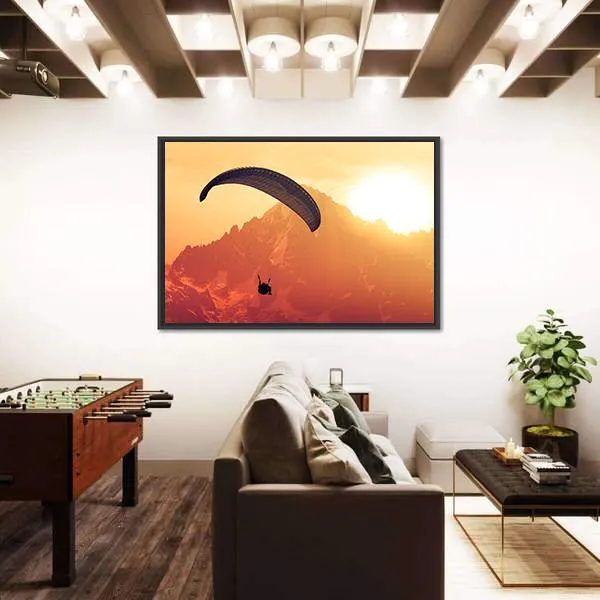 Sepia Paraglide Silhouette Over Alps Peaks Canvas Wall Art