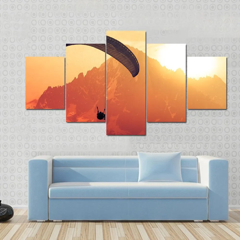 Sepia Paraglide Silhouette Over Alps Peaks Canvas Wall Art