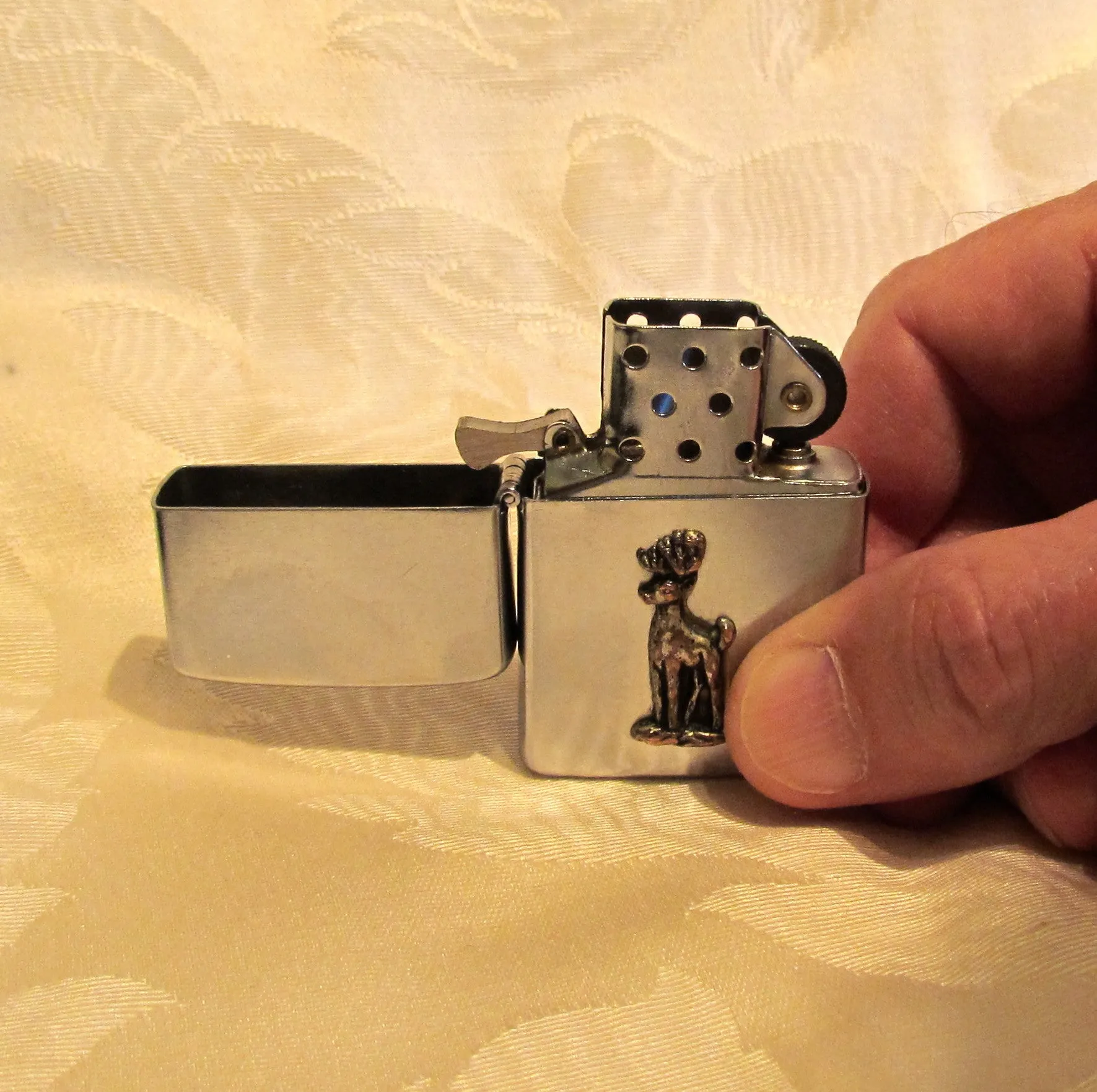 Silver Flip Top Pocket Lighter 1950s Windguard Lighter Working Windproof Copper Deer