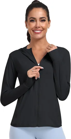 Women's UPF 50  Sun Protection Hoodie Lightweight Athletic Jacket Full Zip Long Sleeve with Pockets Hiking Outdoor