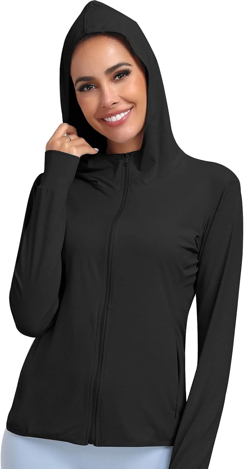 Women's UPF 50  Sun Protection Hoodie Lightweight Athletic Jacket Full Zip Long Sleeve with Pockets Hiking Outdoor