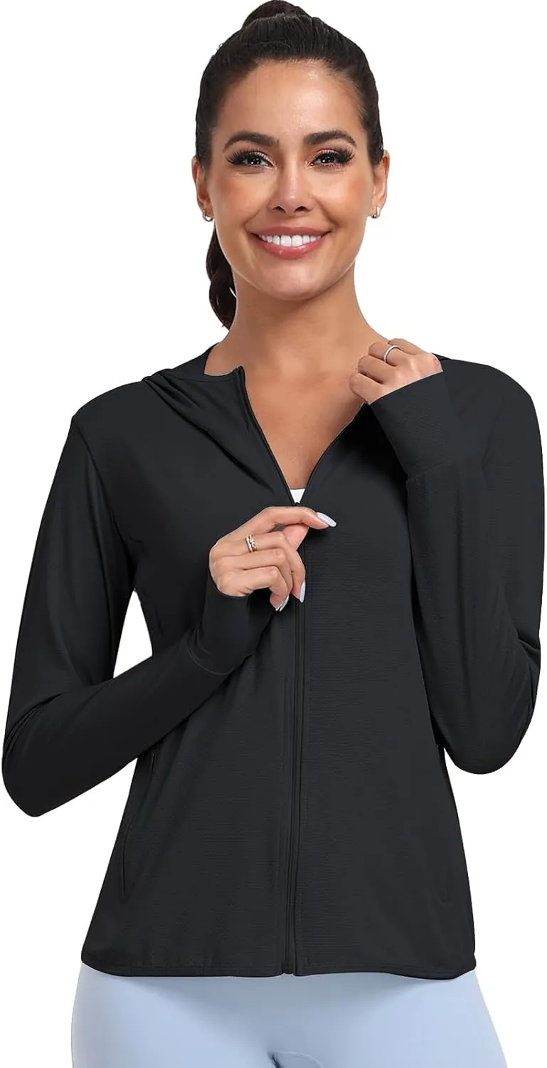 Women's UPF 50  Sun Protection Hoodie Lightweight Athletic Jacket Full Zip Long Sleeve with Pockets Hiking Outdoor