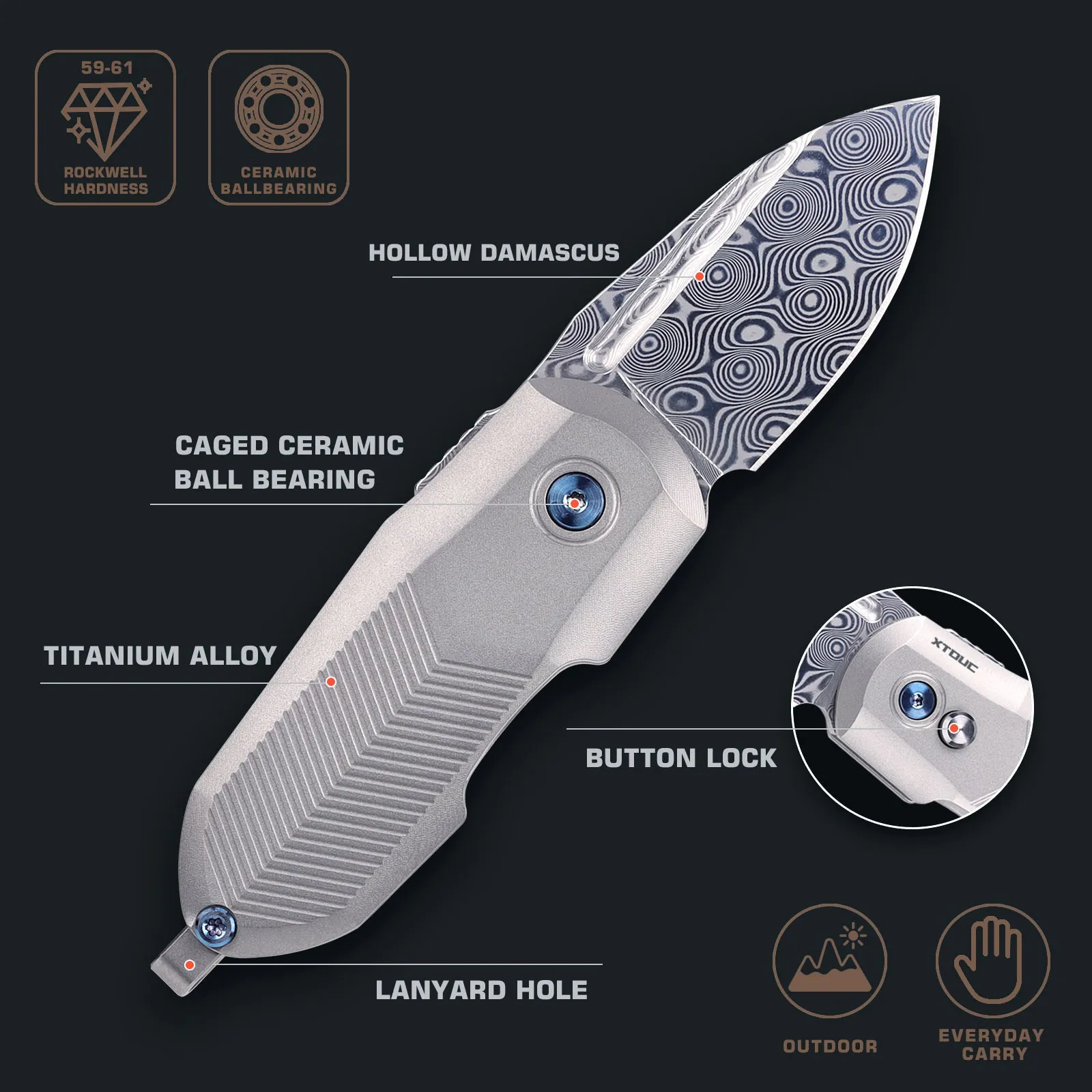 XTOUC Mini keychain Folding Pocket Knife Damascus Blade EDC Titanium Handle Button Lock Knifes TD774
