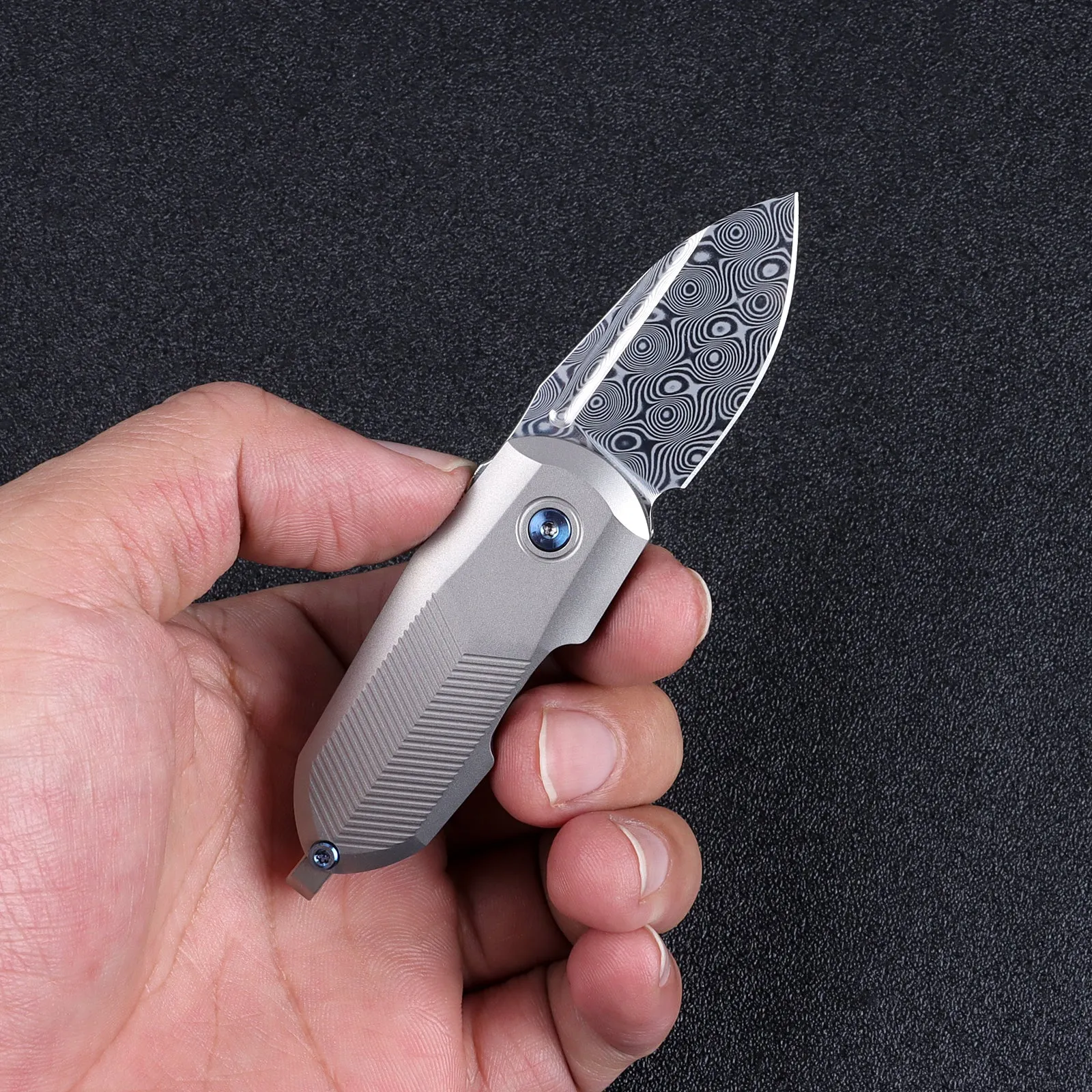 XTOUC Mini keychain Folding Pocket Knife Damascus Blade EDC Titanium Handle Button Lock Knifes TD774