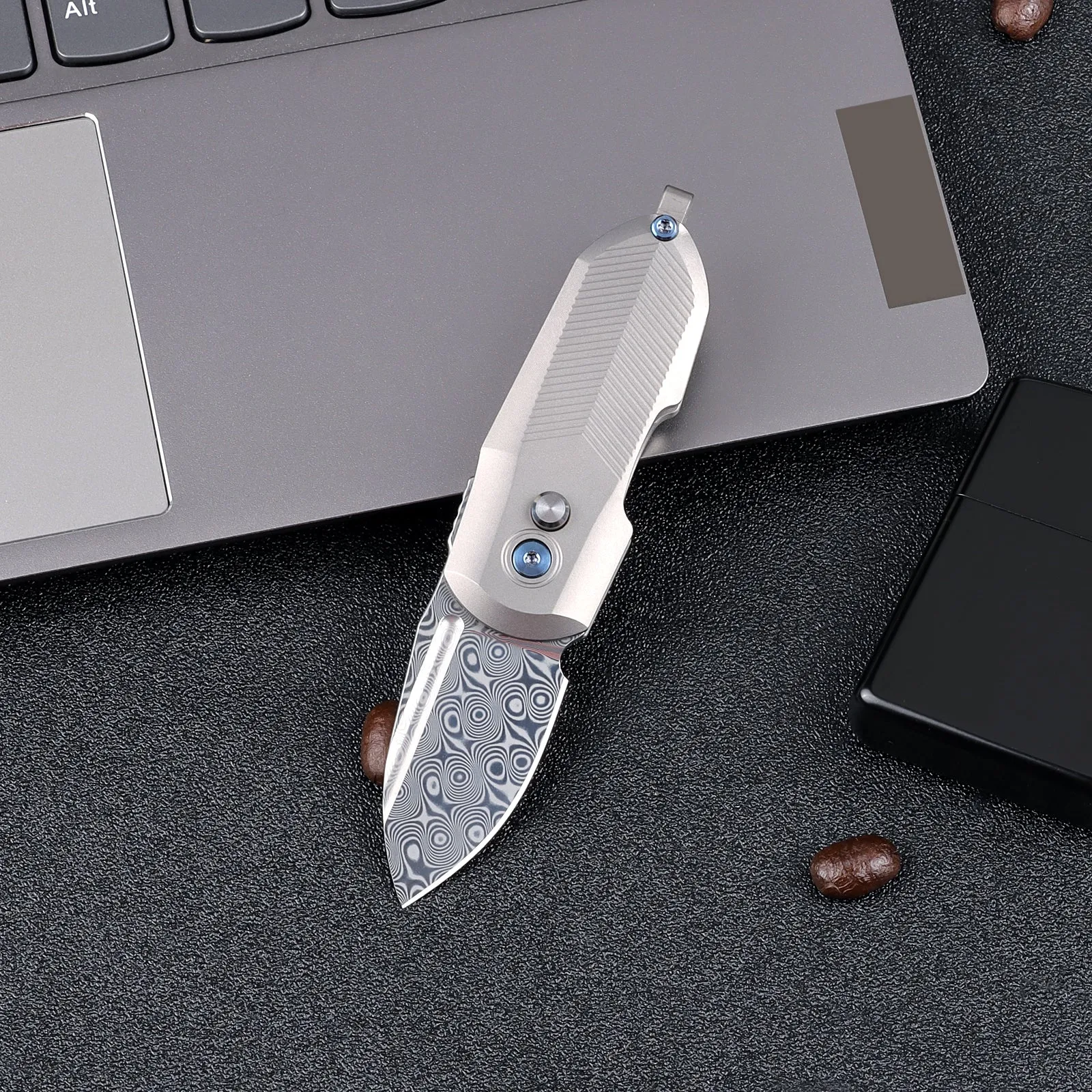 XTOUC Mini keychain Folding Pocket Knife Damascus Blade EDC Titanium Handle Button Lock Knifes TD774