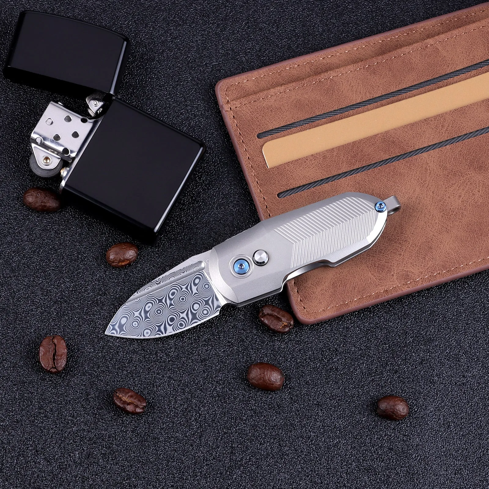 XTOUC Mini keychain Folding Pocket Knife Damascus Blade EDC Titanium Handle Button Lock Knifes TD774